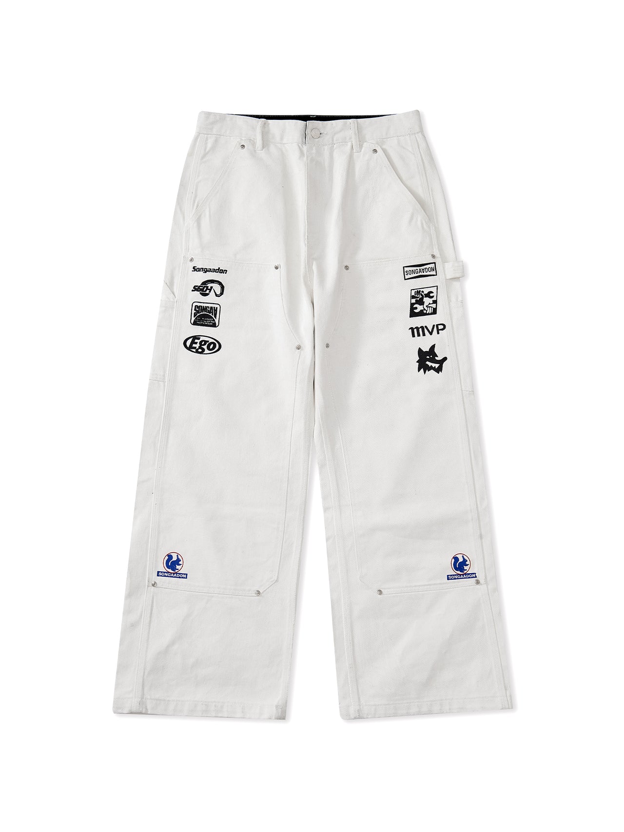 White Waxed Racing Print Knee Jeans