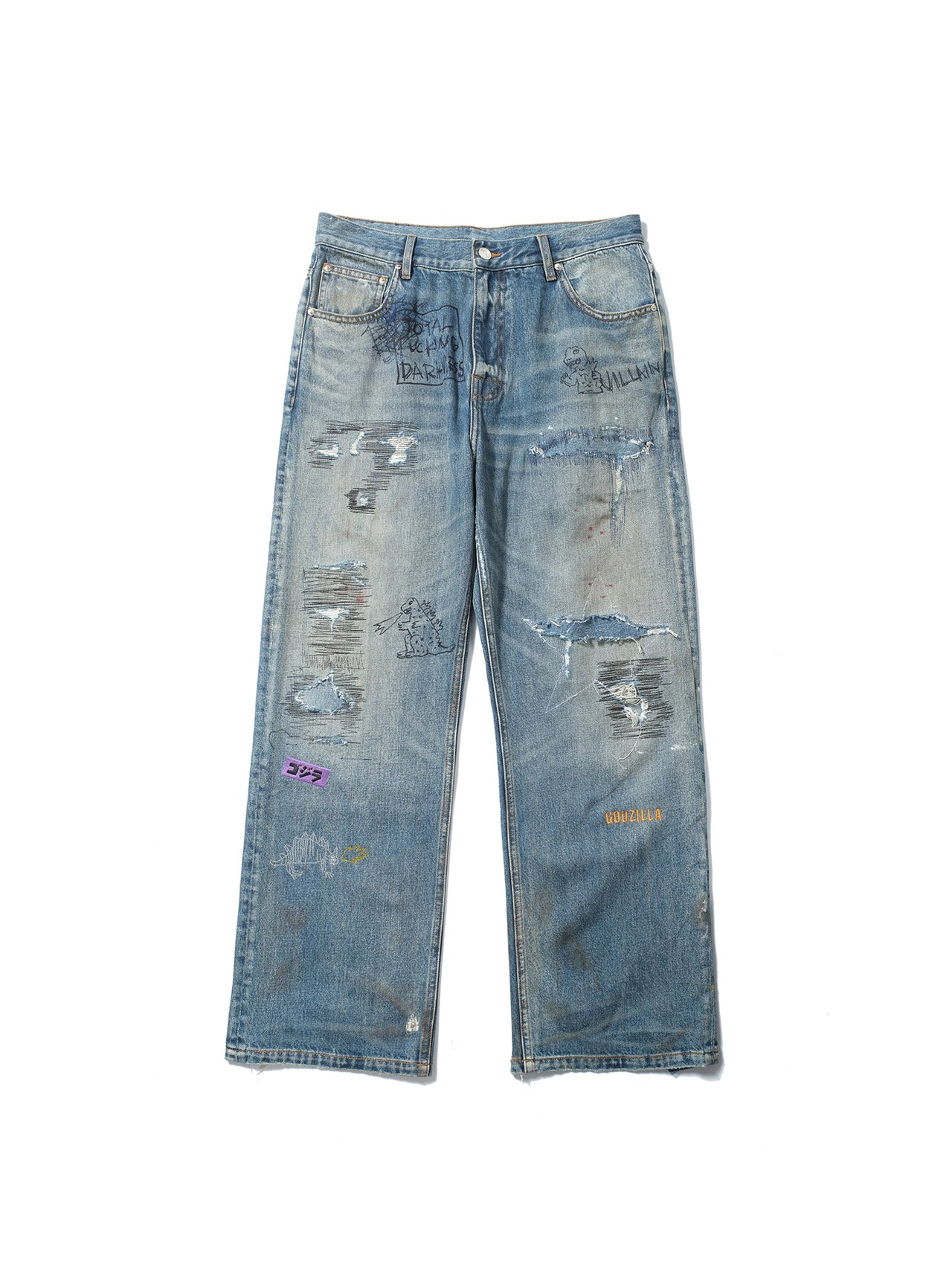 Random stitch appliqué embroidery rhinestone jeans